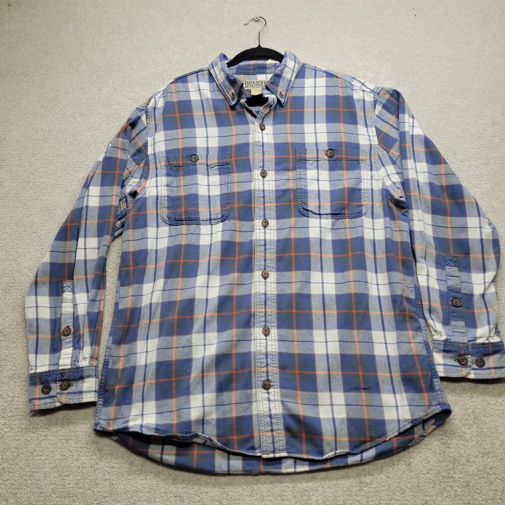 Duluth Trading Co Mens Large Flannel Shirt Blue Orange Plaid Button Up Cotton